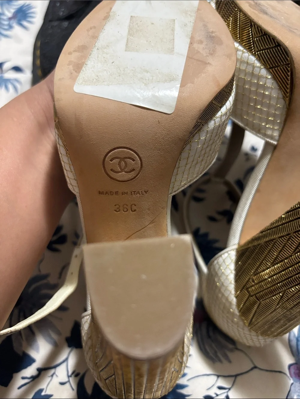 CHANEL Cream and Gold Camellia Ankle-Strap Heels
